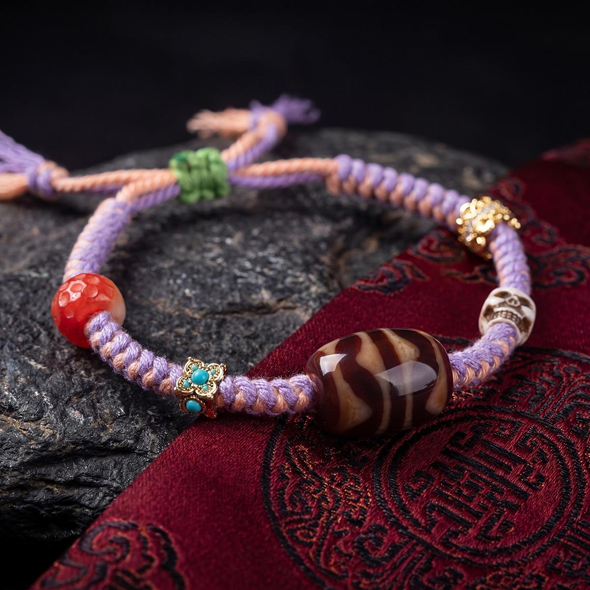 Lancui 2026 Original Design Handwoven Tiger Tooth Agate Tibetan Silver Bead Bracelet Unisex Ethnic Craftsmanship Antique Gift