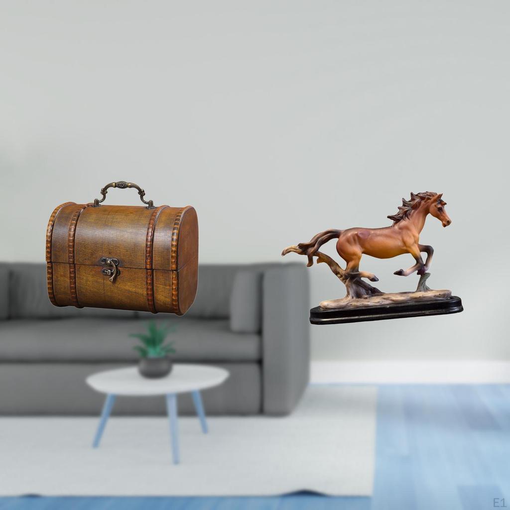 Vintage Holz Schmuckschatulle Organizer Schatzkiste mit Pferde Skulptur Figur Kunstwerk