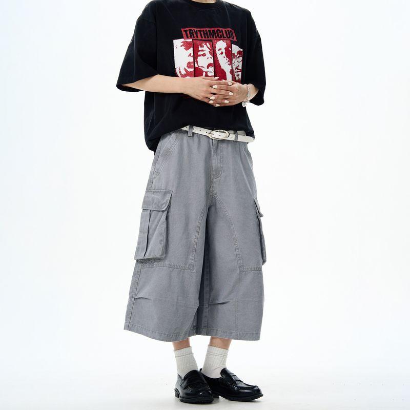 Kisko American Retro Washed Vintage Multi-Pocket Wide-Leg Cargo Pants for Men and Women, Summer Loose Straight-Leg Cropped Pants