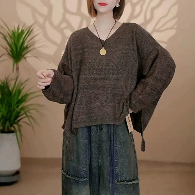 Dimanaf 2025 Sweater Autumn Bat Winter Women Solid V-Neck Sweaters Knitting Loose Red Sweater