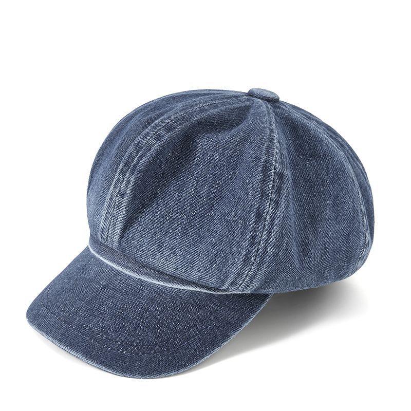 New washed large version denim octagonal hat women's spring and autumn face small literary retro versatile beret