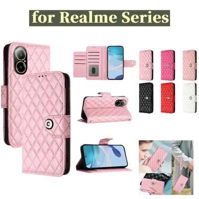 Étui portefeuille en cuir PU 6 couleurs avec motif à carreaux et diamants pour Realme 8 9 10 11 12 13 14, GT3 GT5 GT6... Narzo 20 50... C11 C12 C15 C17...