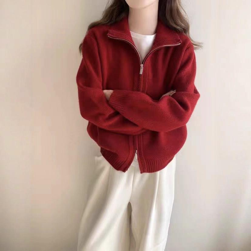 Korean Double-zipper Sweater Cardigan Jacket for Women, New Autumn and Winter Style, Laid-back Style, Soft and Loose Solid Color Knitted Sweater Top