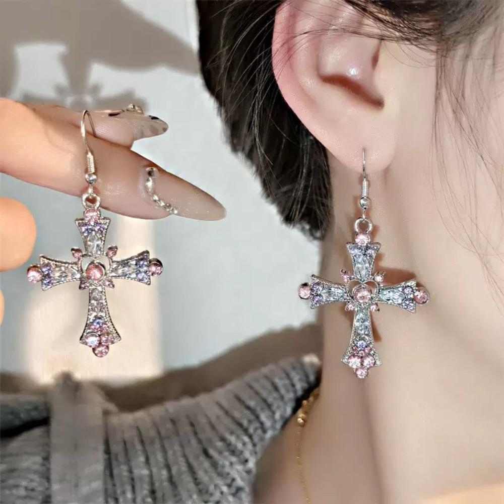 Luxury Exaggerate Cross Hollowed-out Heart Pink Purple Crystal Zircon Dangle Earrings for Women Hip-hop Punk Y2k Jewelry Gifts