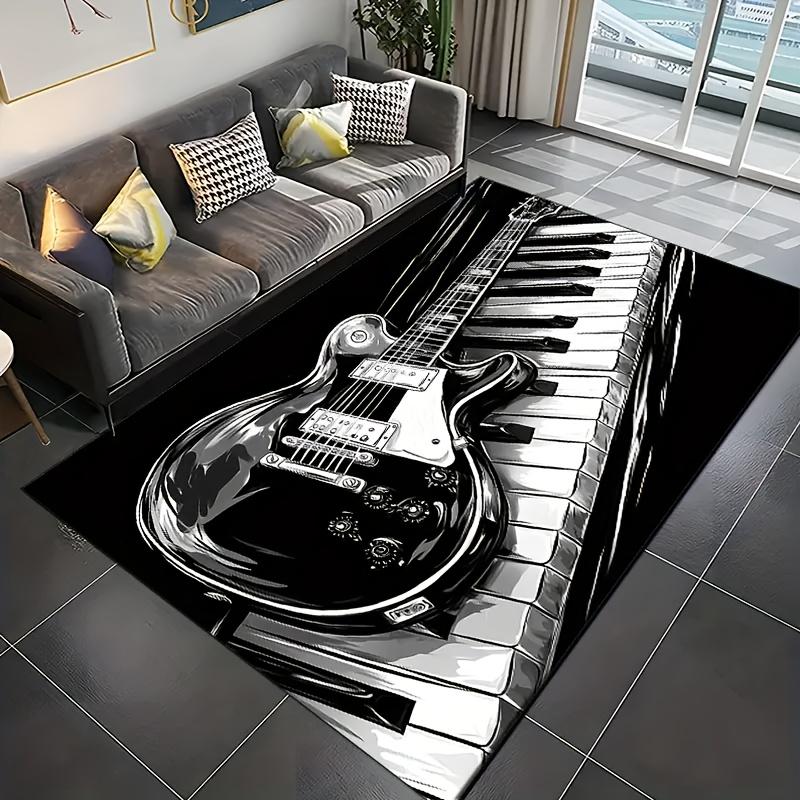 

Vibrant Guitar Piano Print Area Rug Black and White Music Theme Home Decor Modern Art Floor Mat Bedroom Living Room Carpet 40x60cm