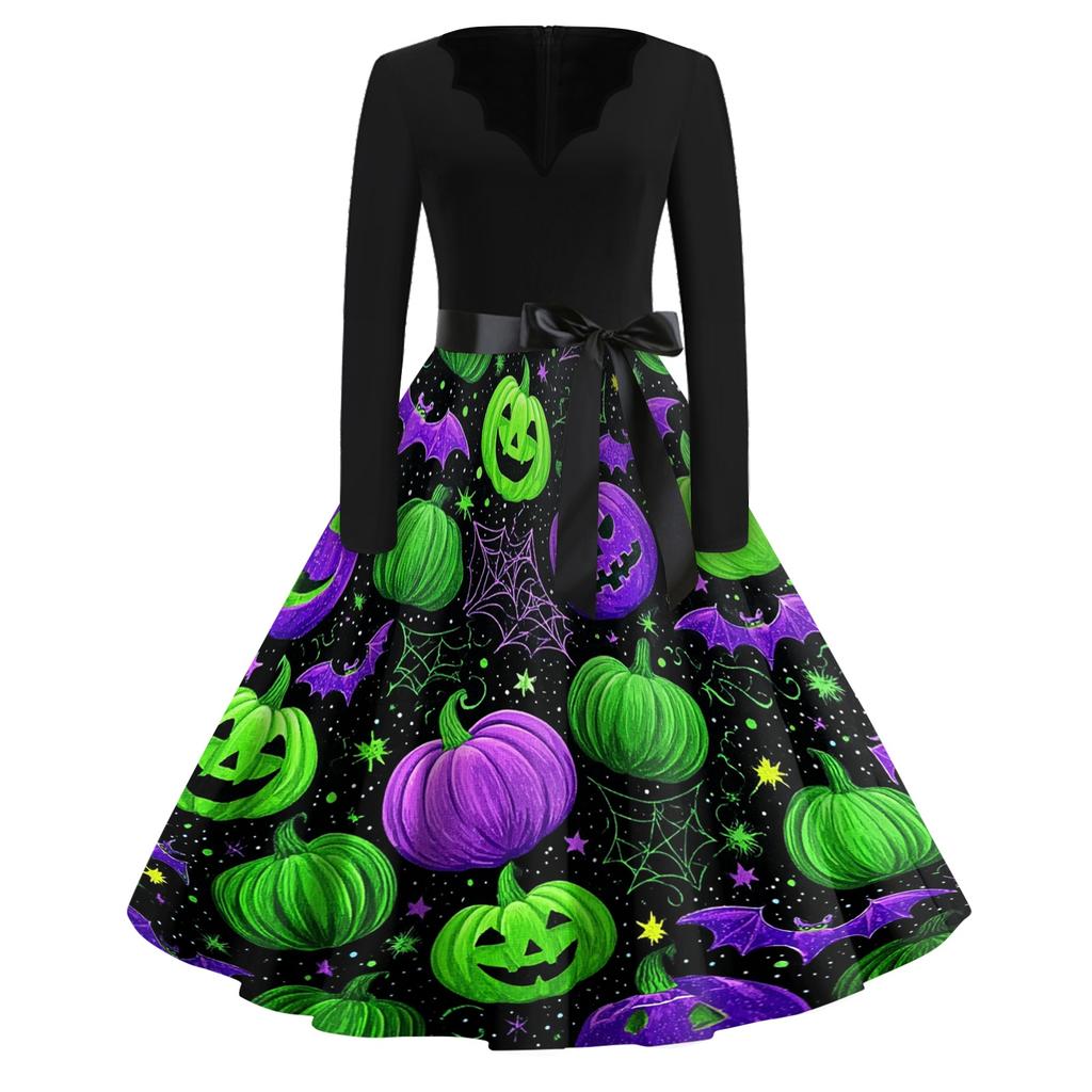 Womens Vintage Halloween Print Dress V Neck Long Sleeve Casual Retro Style Midi Dress with Waist Tie Belt