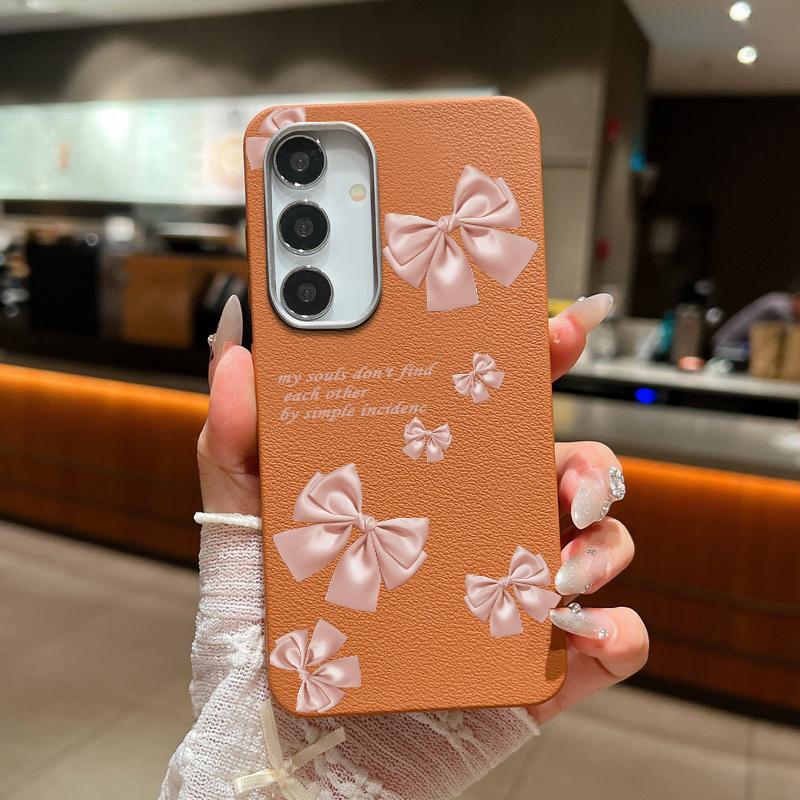 Pink Bowknot Print Matte Slim Case For Samsung S25 Ultra S24 FE S23 S22 A56 A36 A16 A55 A15 A35 A26 Leather Texture Soft TPU Shockproof Phone Cover
