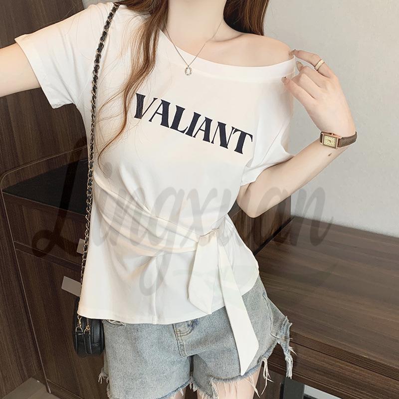 

2026 Summer Plus Size Women s Chic Letter Print Tie-up Short Sleeve T-shirt L брудно-білий