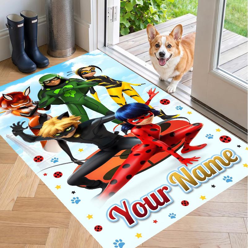 Custom Name Miraculous Ladybug Crystal Velvet Floor Rug Personalized Text Soft Carpet Home Decor
