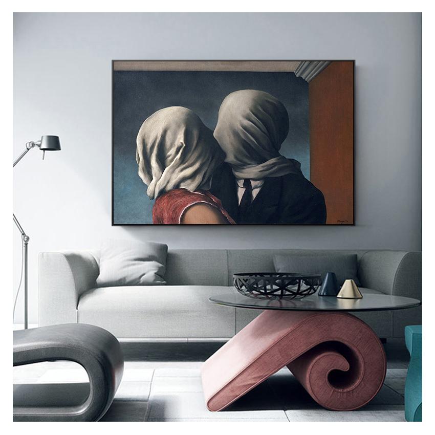 Magritte Leinwandbild Poster und Drucke Surrealismus Wandkunst Bilder für Heimdekoration Berühmtes Der Kuss Liebhaber Von Rene