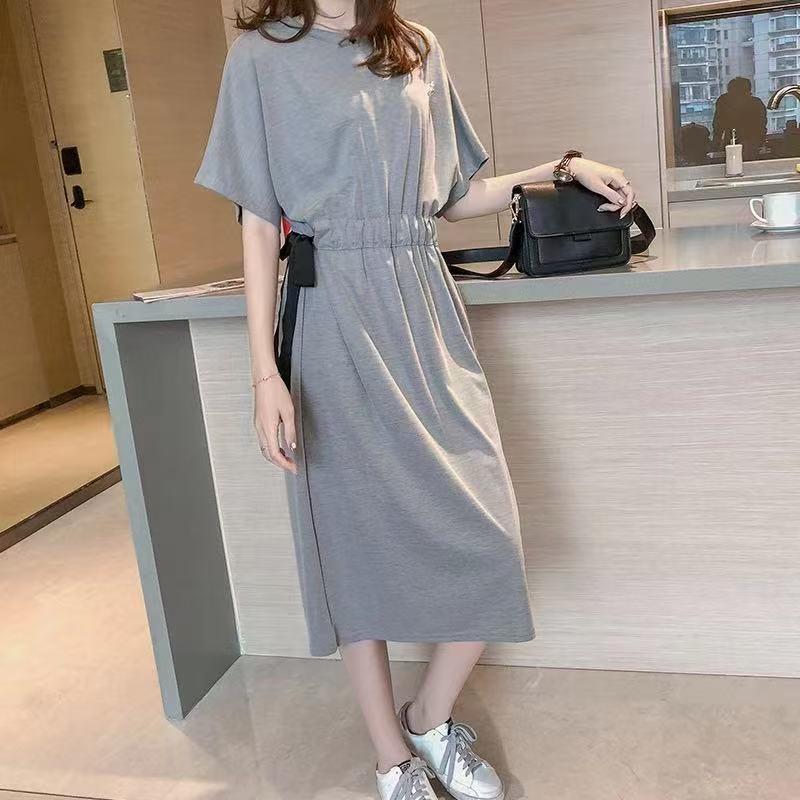 Korean Style Summer Plus Size T-Shirt Dress with Tie Waist and Knee-Length Skirt