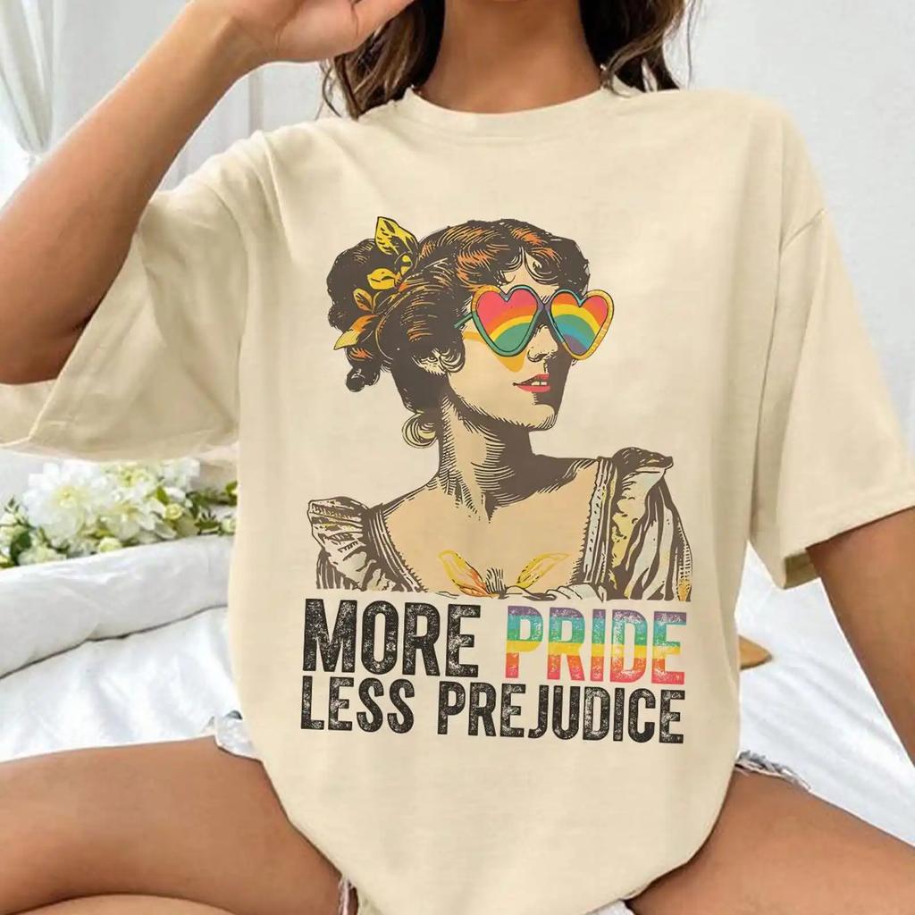 More Pride Less Prejudice Print Women Round Neck Shirt Pattern Printing Summer Women's T-Shirt Short Sleeve
