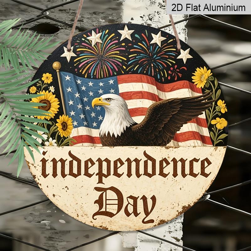2D Flat, 1pc Round Decor, Vintage Patriotic American Flag, Eagle, Fireworks, Liberty, Aluminum Wall Decor for 4th of July, Home, Office, Porch