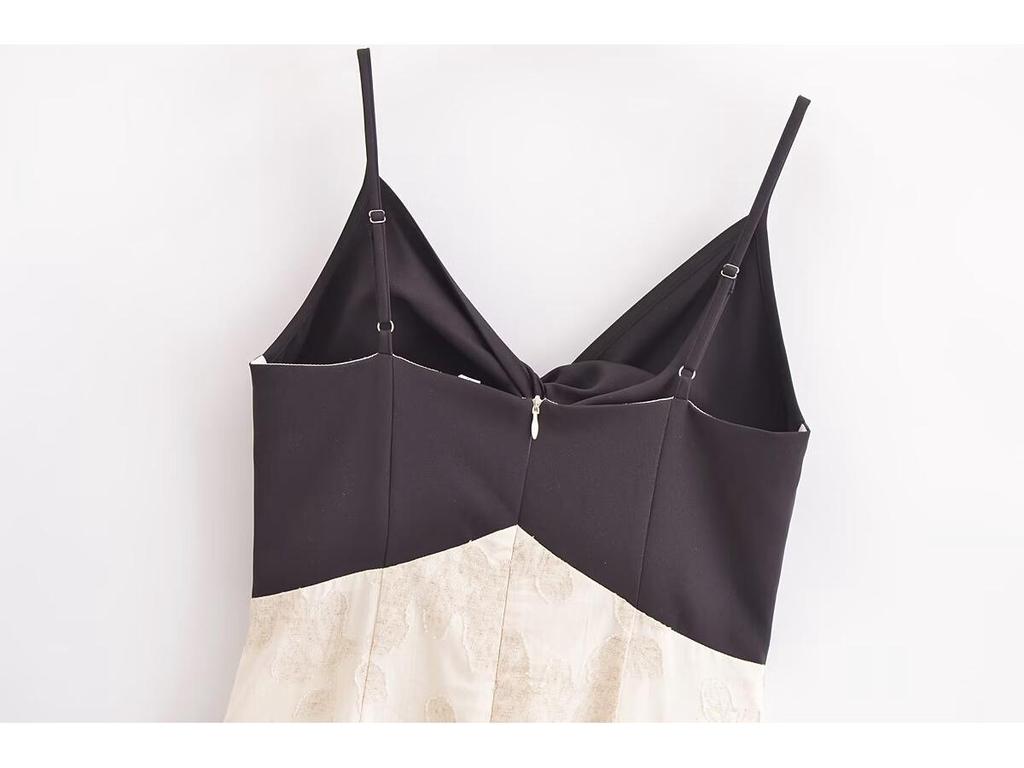 Rochie Lungă de Primăvară 2025 pentru Femei, Stil European și American, Color Block Jacquard, cu Bretele Spaghetti