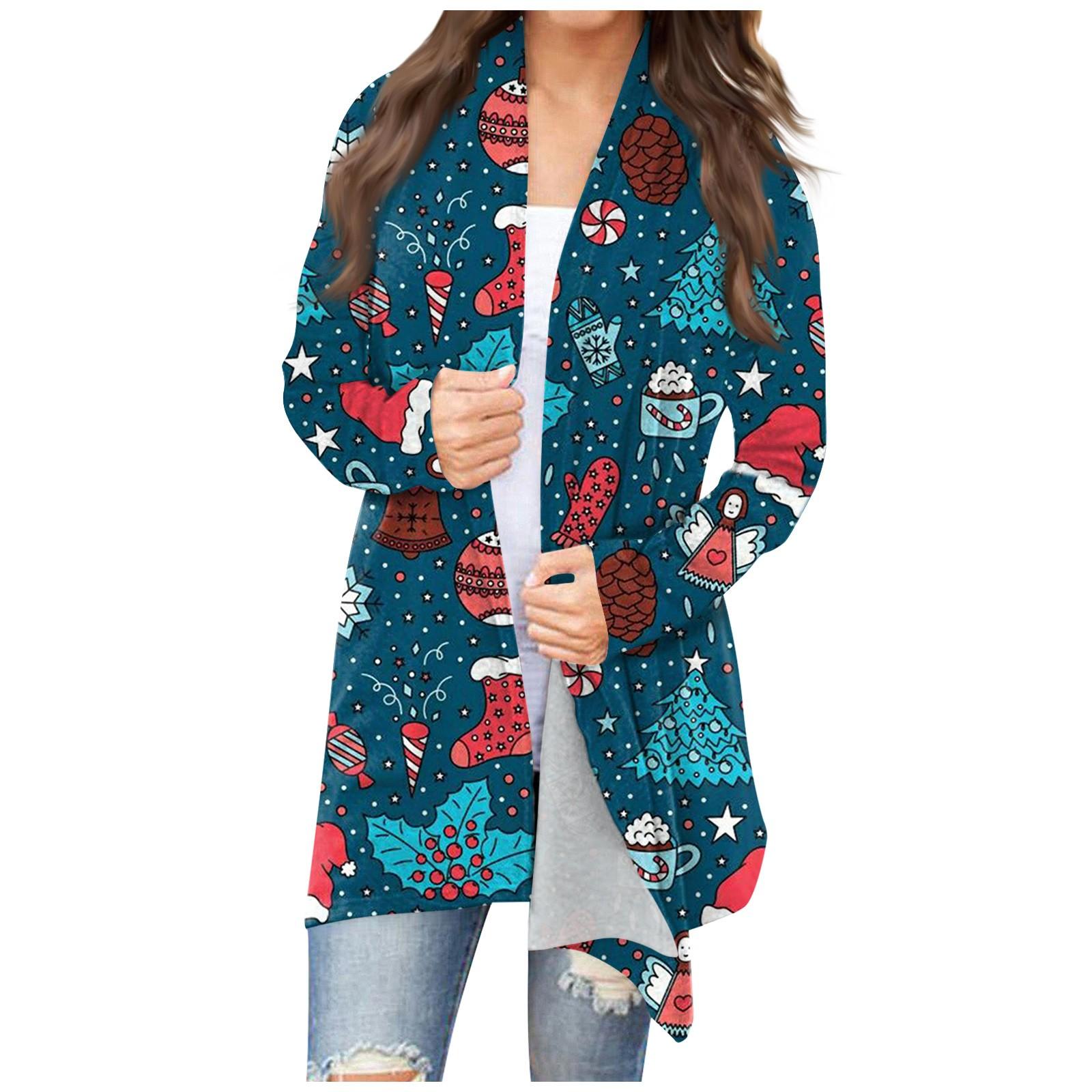 Женская мода, повседневный рождественский принт, кардиган средней длины, куртка, пальто XXXXL