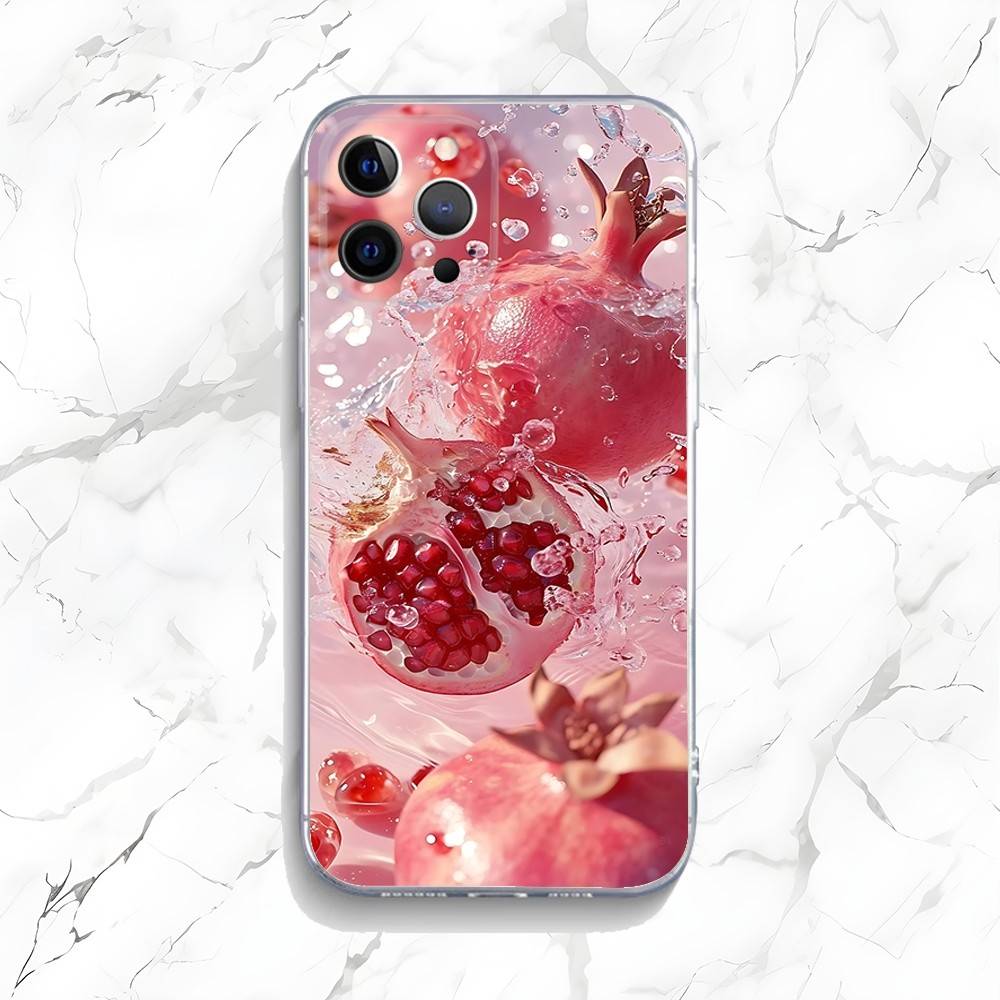 Gold Pink Pomegranate Art Phone Case For iPhone 16,15,14,13,12,11 Pro,Max,Plus,X,XS,XR,SE,Mini Transparent Silicone Soft
