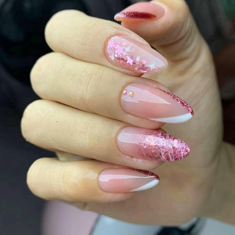 24 Stück abnehmbare ovale künstliche Nägel mit Mandelspitze, mittellang, Schmetterlingsmuster, Press-on-Fingernägel, Katzenaugen-Design, Maniküre-Spitze