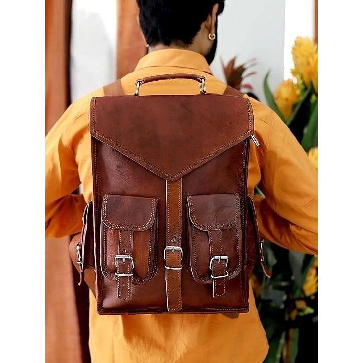 

Рюкзак из козьей кожи Винтажный Дорожный для ноутбука Коричневый Натуральный Мужской Новый 16 x 12 x 5 in