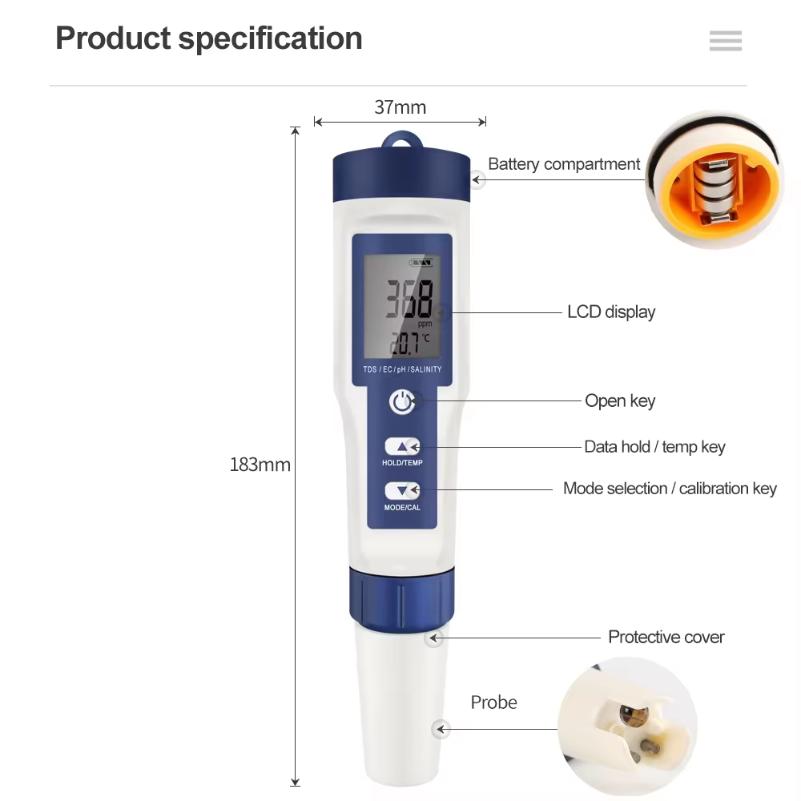 5 In 1 Digital Water Quality Tester Pen PH TDS EC Meter Pen with Backlight for Aquarium Water Temperature Tester