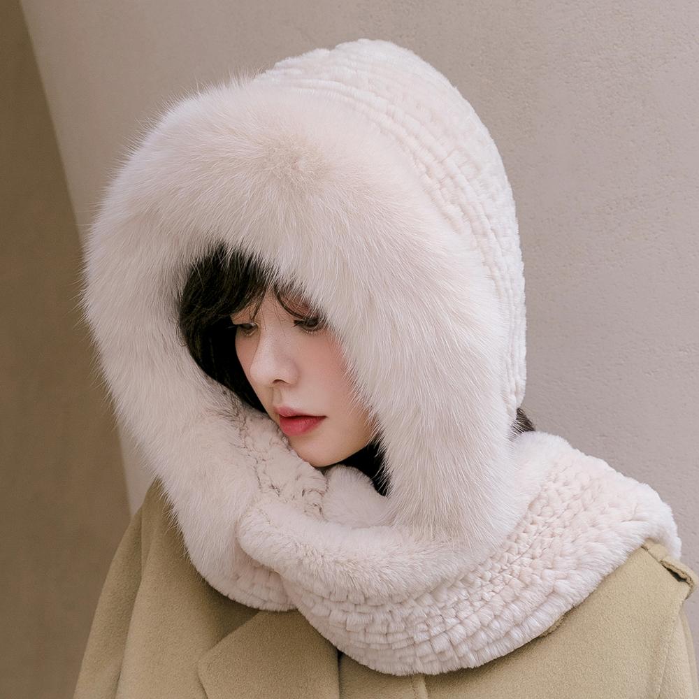 Thick real fox fur scarf cap Luxury women's cap hand knitted real rex rabbit fur hat scarf Girls winter warmth outdoor ski cap