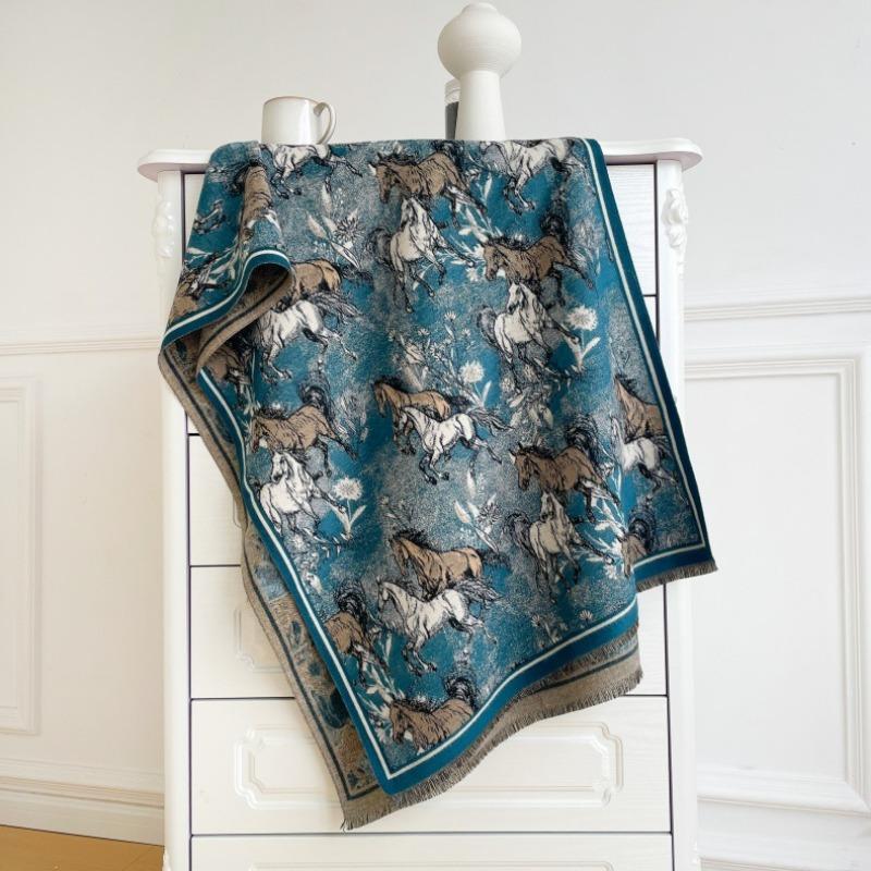Temperament printed versatile thickened warm scarf double-sided imitation cashmere dual-purpose shawl 10,000 horses galloping scarf