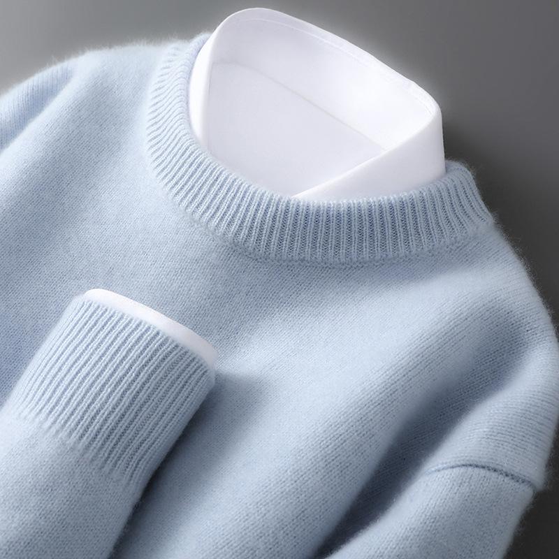 Herren Pullover aus reiner Wolle, schwer, Rundhalsausschnitt, lockere Passform, warm, einfarbig, ideale Basisschicht für Herbst/Winter.