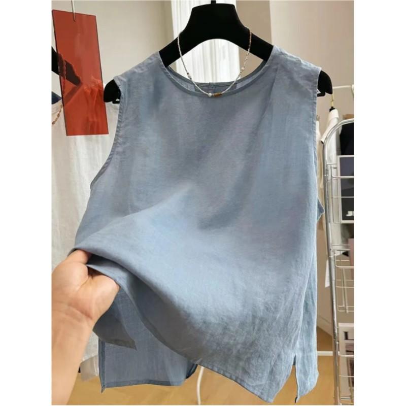 Sleeveless Cotton and Linen Shirt Women's Summer Round Neck Vest Design Shirt Fashionable Loose Belly-covering Thin Top