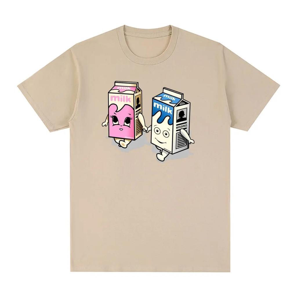 Men's milk hand-holding funny pattern printed 100% pure cotton retro short-sleeved T-shirt and top