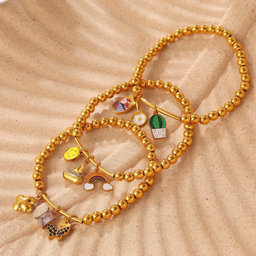 Vintage Vacation Style Smiley Face Rainbow DIY Multi-pendant Gold Beaded Bracelet Gold-plated Stackable Jewelry