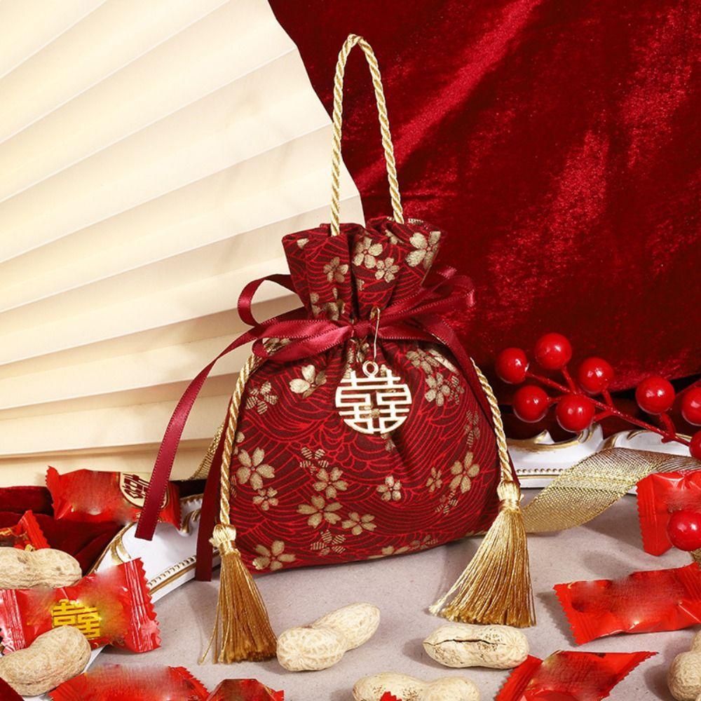 Pearl Pendant Canvas Flower Drawstring Bag Stripe Bowknot Floral Tassel Handbag  Wedding