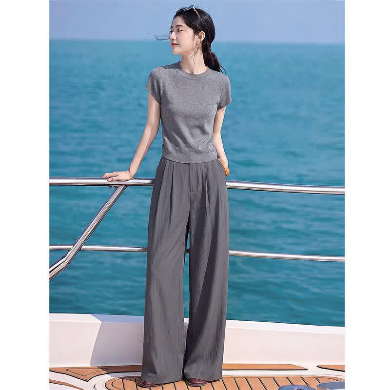 Women's Elegant Knit T-shirt & Wide-Leg Pants Set