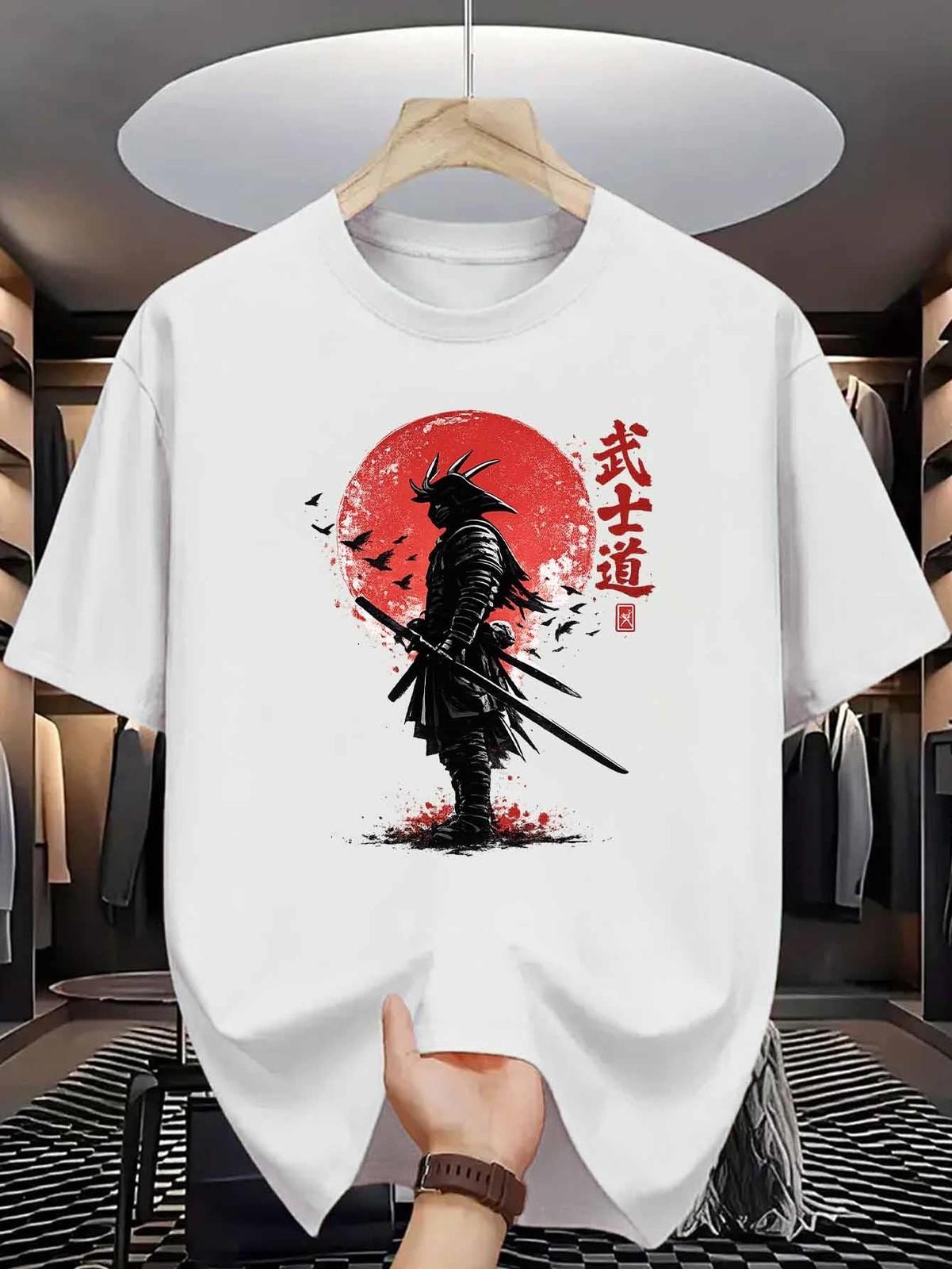 Samurai Warrior Red Sun Katana Graphic T-Shirt Japanese Fighter Tee S