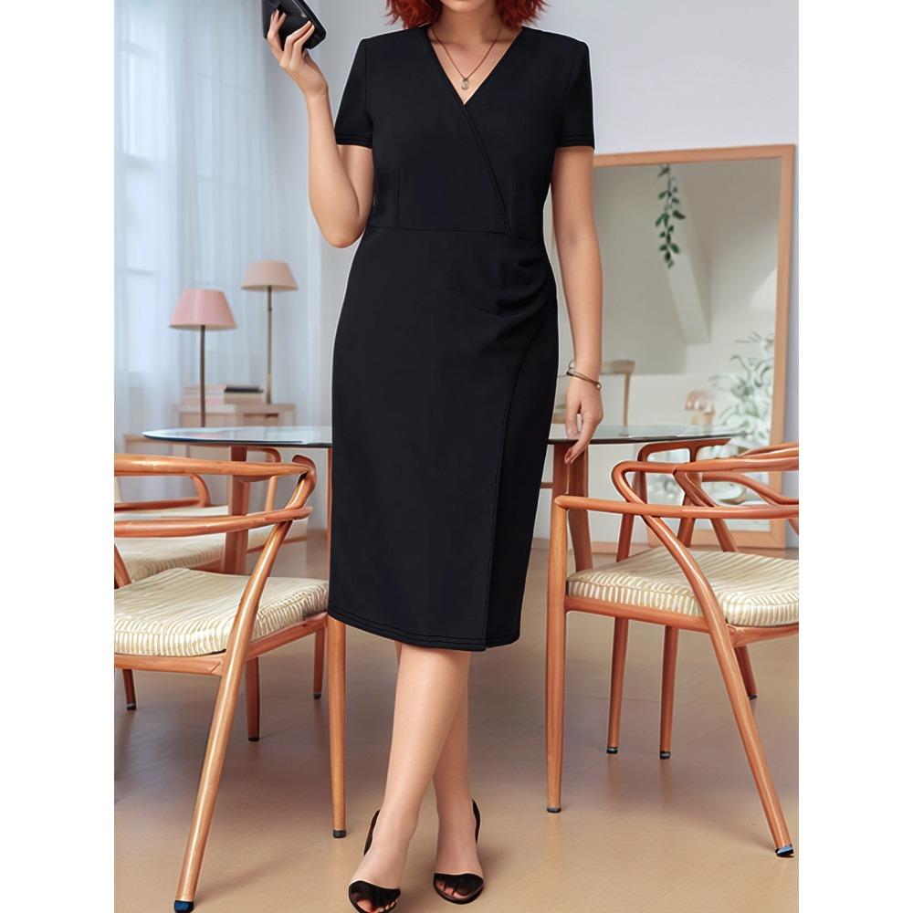QICED Fashion Summer Spring Solid Color Print Short Sleeve V-Neck Casual Dresses