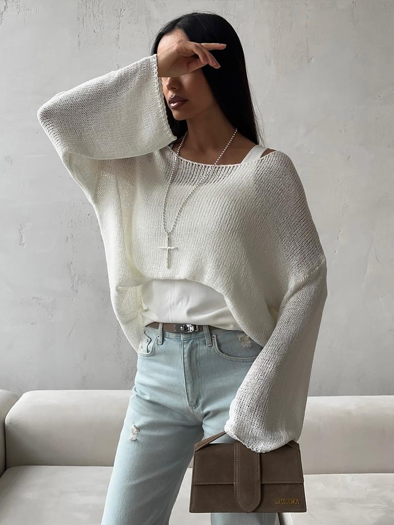 Simple Long Sleeved Cotton Knit Sweater Spring Summer Women Solid Color Elastic Loose Casual Tops