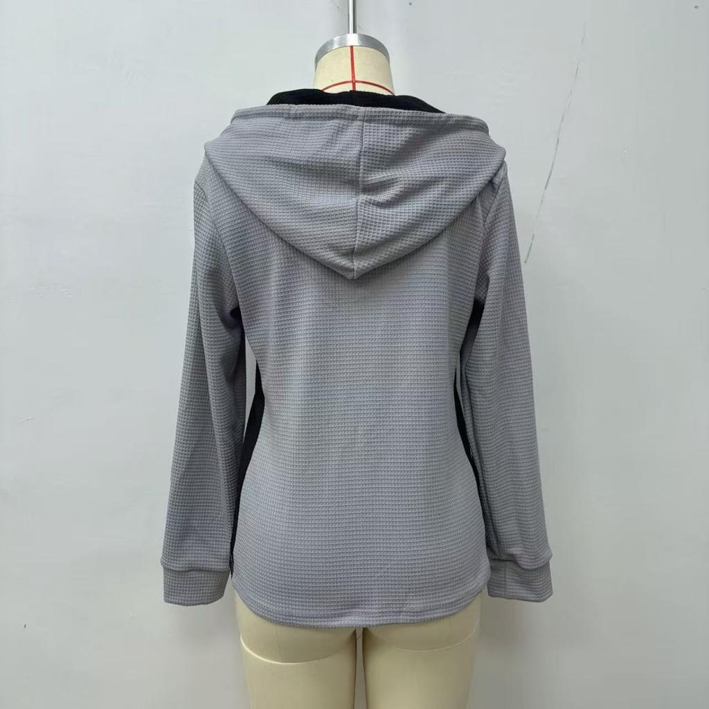 Women's Fashion Casual Waffle Knit Patchwork Hoodie, Anu Self-developed European American Style Sweatshirt for Women