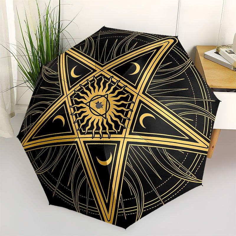 Golden Pentagram Mouse Pad, Mystic Star Design for Wicca Enthusiasts Umbrella, Cute Umbrella with Cute Design, Portable 3-Fold Compact Umbrella for Me