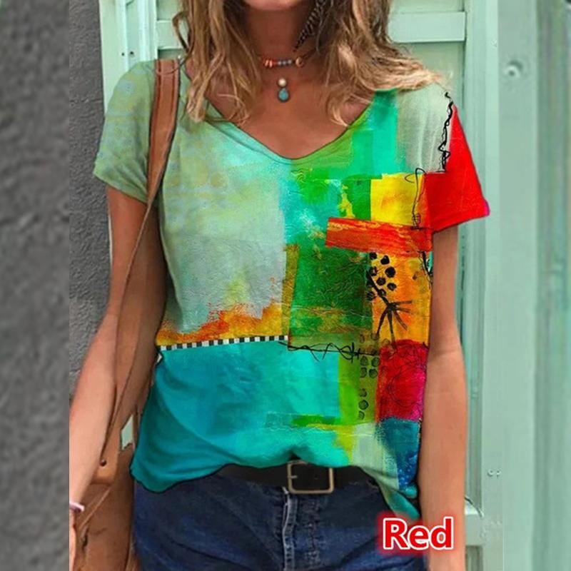 V-ringad tröja med blommönster med kort ärm i flerfärgad lös T-shirt för kvinnor