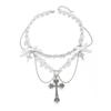 Punk metal cross faux pearl tassel necklace - sweet & cool ins style bowknot choker
