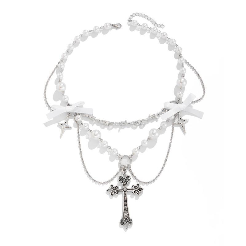 Punk metal cross faux pearl tassel necklace - sweet & cool ins style bowknot choker