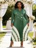 Miyaki Plus Size Long Sleeve Pleated Dress with Bead Embellishment and Print for Women