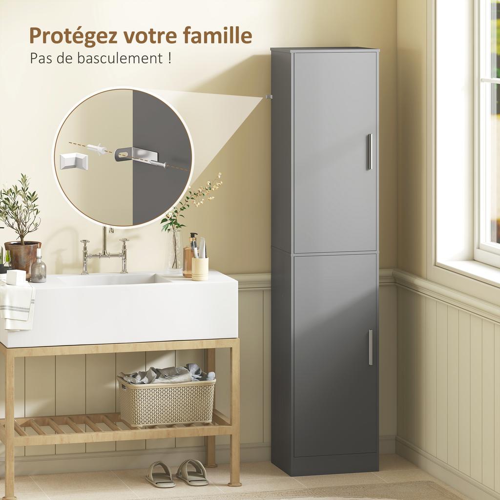 Bathroom Column Cabinet with 2 Doors and 4 Adjustable Shelves, 40 X 35 X 180 Cm, Grey