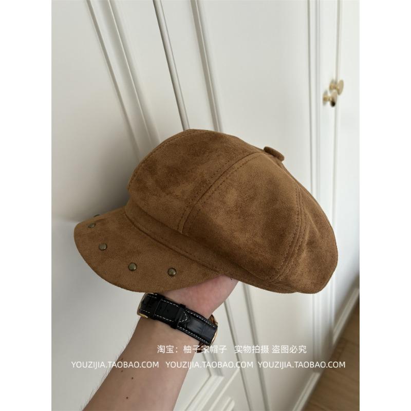 Women S Suede Rivet Metal Fashion Octagonal Hat For Large Head Circumference