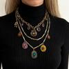Retro Ethnic Style Colored Flower Gemstone Multiple Pendant Multi-layer Necklace for Women Luxury Fold Wear Collar Chain Jewelry