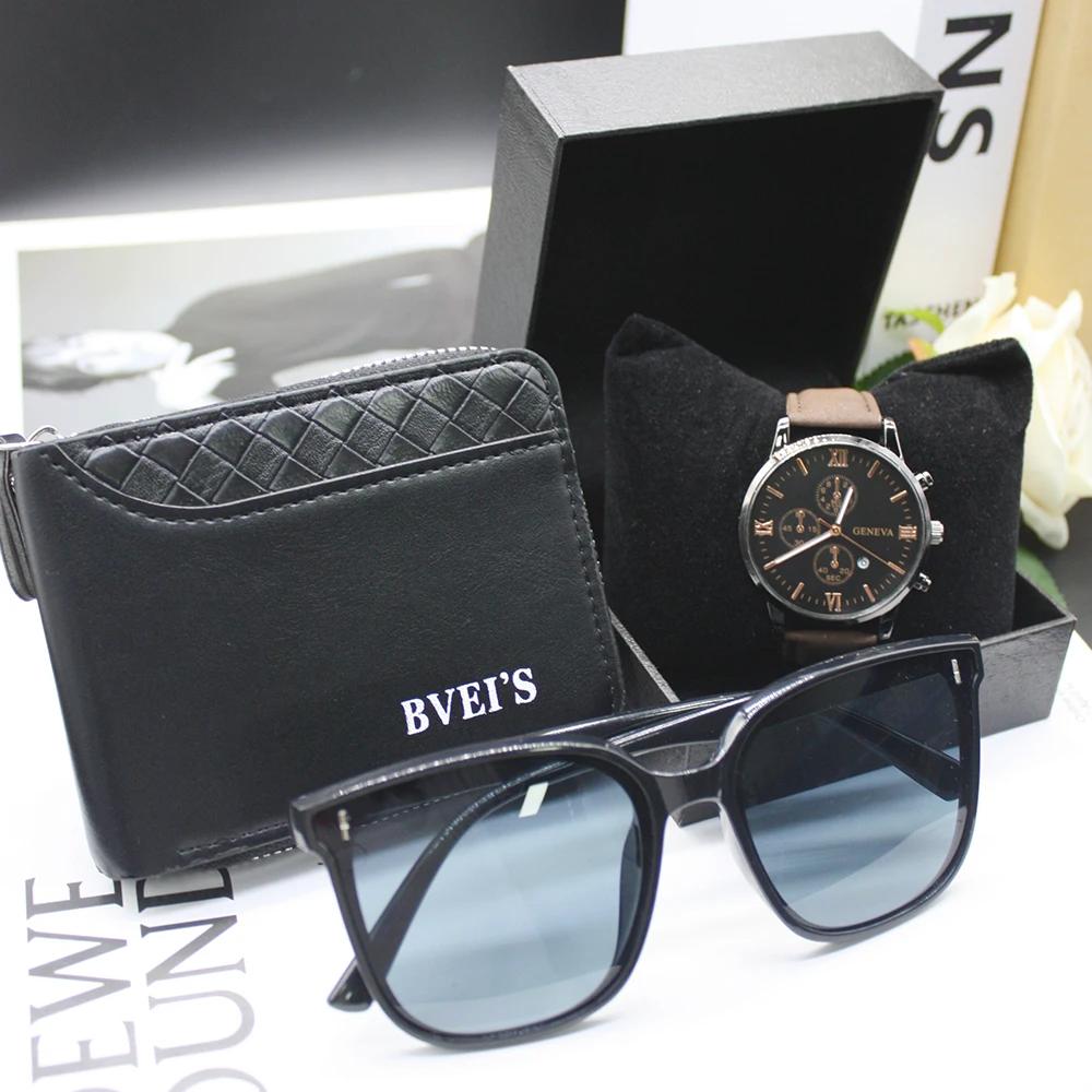 4pcs Set Fashion Sunglasses Men's Leather Wallet Outdoor Watch Men's Men's Glasses for Men Include Bracelet Box for Holiday Gift