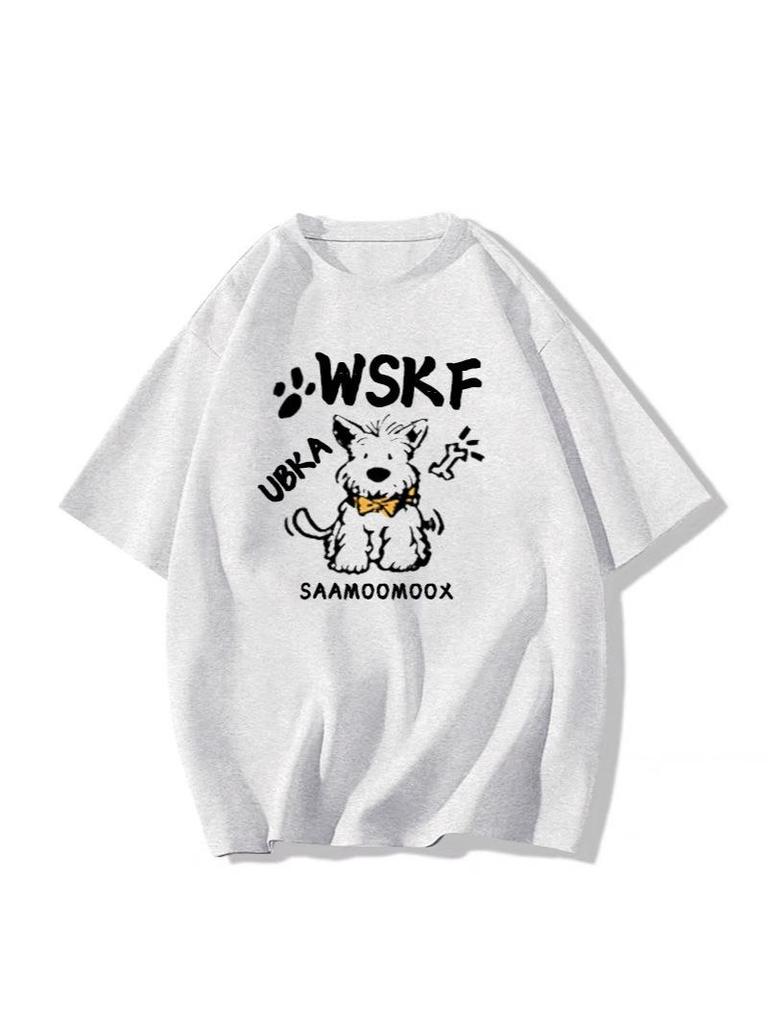 Damski T-shirt z ciężkiej bawełny z nadrukiem retro szczeniaczka, Kolekcja Lato 2025, Luźny krój, Krótki rękaw.