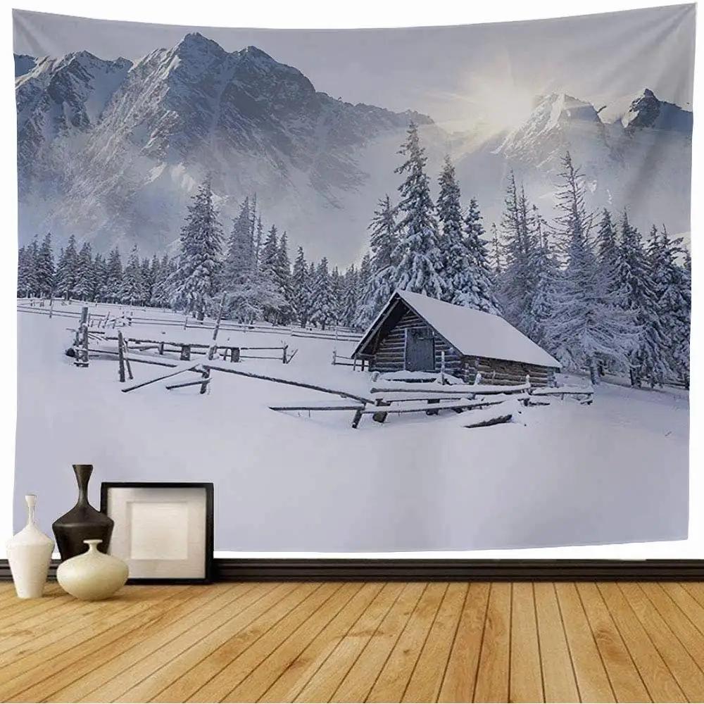 Christmas Tapestry Wall Hanging Nature Winter White Forest Snow Wall Tapestry Art for Party Living Room Bedroom Dorm Home Decor