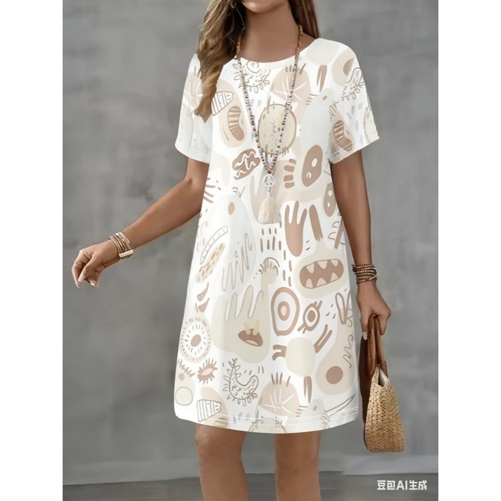 Mini-Kleid mit Rundhalsausschnitt ist für den Sommer und alle Jahreszeiten geeignet.. Es hat einen lockeren Schnitt.
