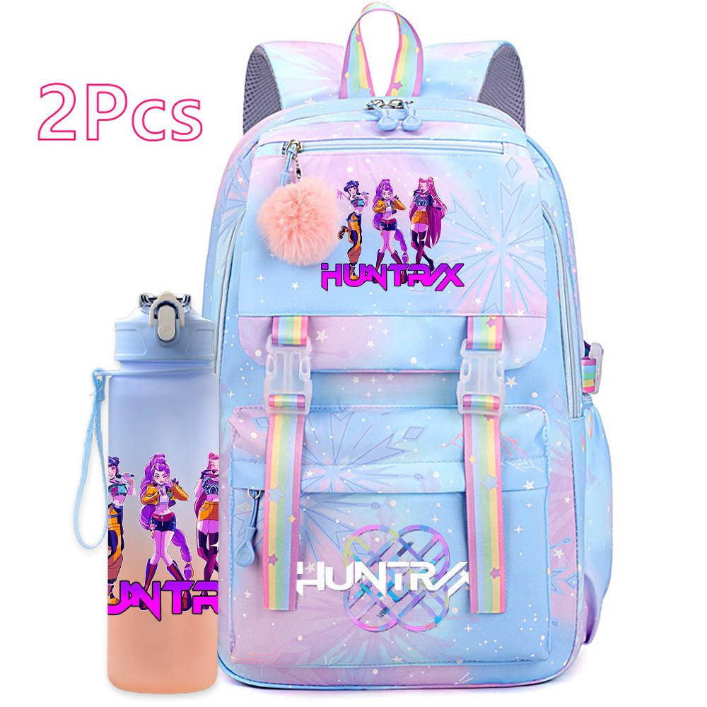 2Pcs/set Cute K-Pop Demon Hunters Printed Backpack with 750Ml Water Bottler for Teenager Student Girl Boy Large Capacity Waterproof Bookbag Travel Bag