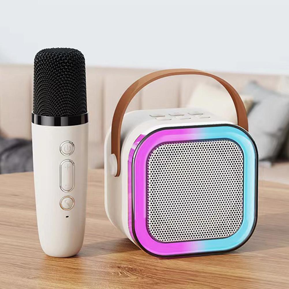Bluetooth-Compatible 5.3 Mini Home Theater Speakers with Wireless Mic Small Speaker Adjustable LED Lights for Home Karaoke