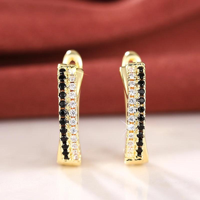 Huitan Elegant Women Hoop Earrings Gold Color Engagement Luxury Female Accessories Inlaid Black/White CZ Elegant Party Jewelry